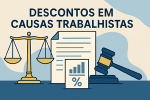 alt="Ilustração flat: balança, martelo e documento – descontos em causas trabalhistas"
