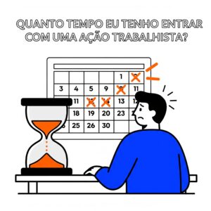 Ilustração de um trabalhador preocupado com o tempo para entrar com uma ação trabalhista, sentado em frente a um calendário com prazos marcados e uma ampulheta prestes a esgotar.