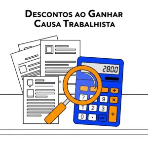 Ilustração sobre descontos ao ganhar causa trabalhista. Mostra uma calculadora azul, documentos de um processo e uma lupa laranja ampliando os números, representando o cálculo dos valores a receber após a vitória na justiça