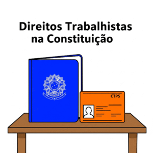 Ilustração vetorial representando os direitos trabalhistas na Constituição. Abaixo do título, um livro azul da Constituição Federal e uma carteira de trabalho laranja (CTPS) estão sobre uma mesa