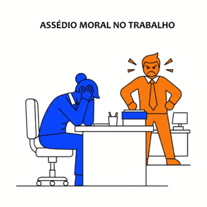 Ilustração sobre assédio moral no trabalho: um chefe autoritário, em laranja, repreende um funcionário em azul, que está sentado à sua mesa com a cabeça entre as mãos, demonstrando estresse e opressão.