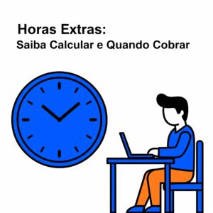 Ilustração para artigo sobre horas extras, mostrando um relógio e um funcionário trabalhando em seu computador após o expediente.