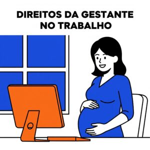 Ilustração representando os direitos da gestante no trabalho, com uma funcionária grávida e sorrindo em seu ambiente profissional.