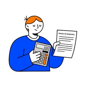 Ilustração de um trabalhador com expressão de alívio, calculando os valores de seu pedido de demissão com uma calculadora e uma folha de papel.