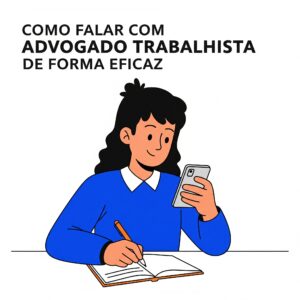 Como falar com advogado trabalhista de forma eficaz: ilustração de uma pessoa se preparando para a conversa, segurando um celular e anotando informações em um caderno.
