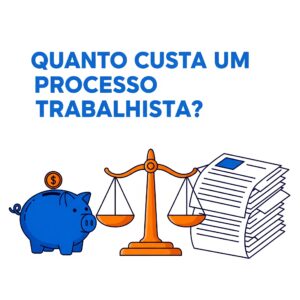 Ilustração com um cofrinho, uma balança da justiça e documentos sob o texto 'Quanto custa um processo trabalhista?