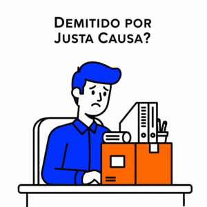 Ilustração de um trabalhador com expressão triste e preocupada, sentado em sua mesa de escritório ao lado de uma caixa de papelão com seus pertences. Acima dele, o texto questionando se foi demitido por justa causa.